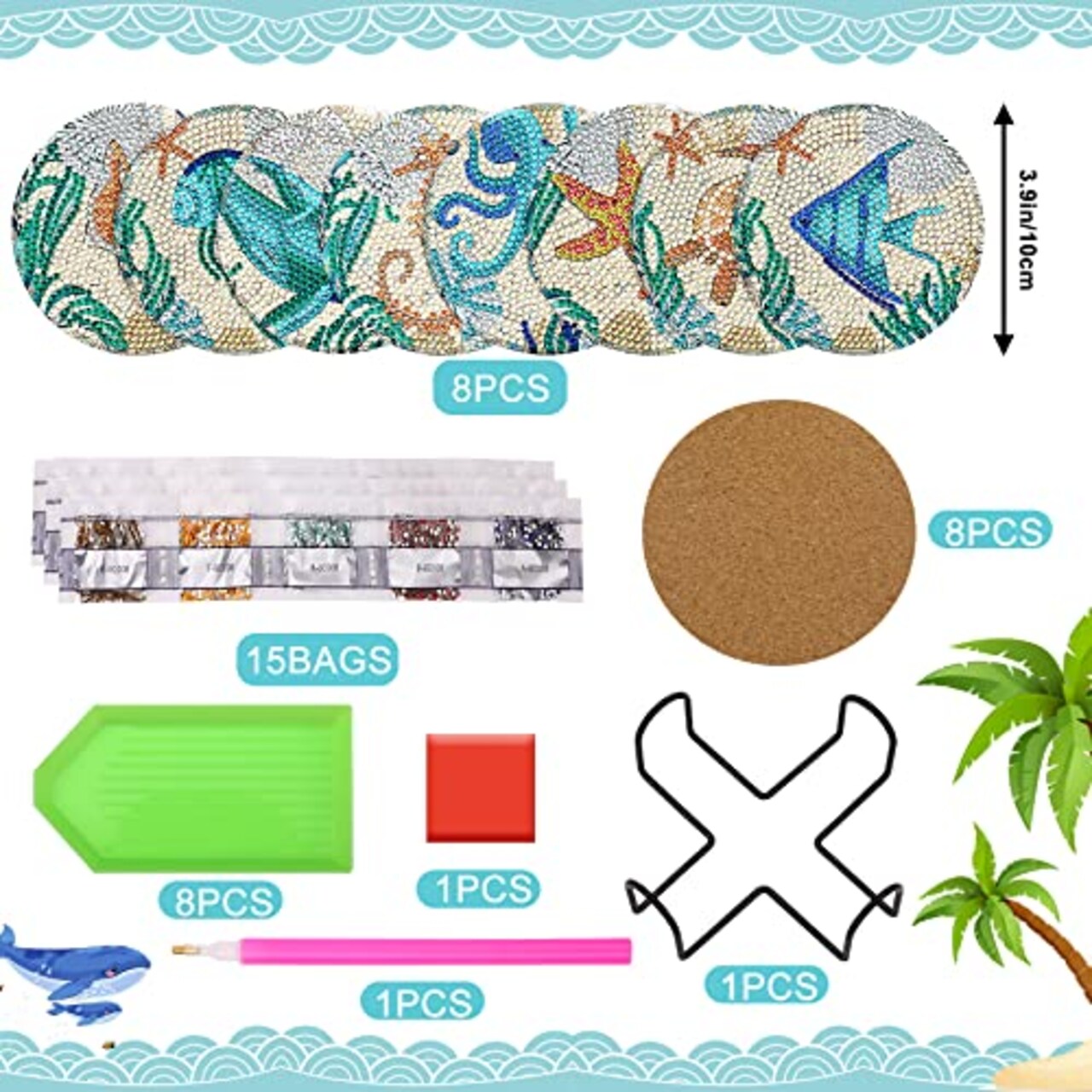 8 Pieces Ocean Diamond Art Painting Coaster Kit, DIY Crafts Kit with Holder, Non Slip Coaster Art Supplies for Adults, Ideal Christmas Gift